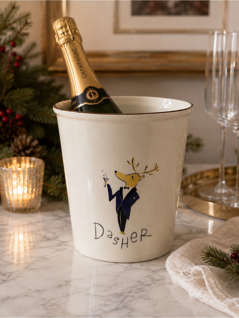 Pottery Barn Reindeer Wine/Champagne Ice Bucket Double Sided Dasher Blitzen